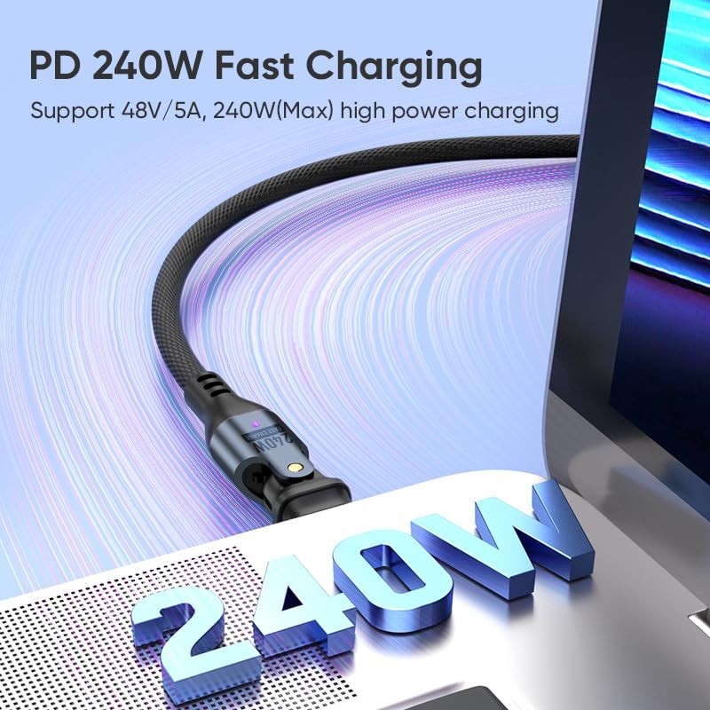 240W USB-C Fast Charging Cable 6ft - Heavy-Duty Nylon, 180° Rotating Right Angle gallery