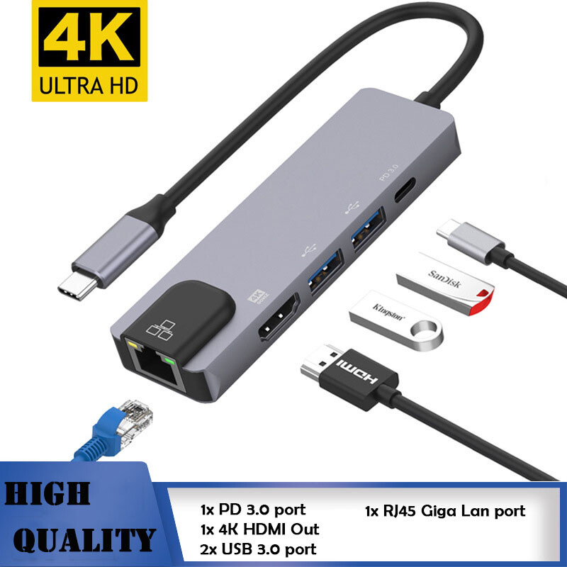 Multi-Function Type-c Hub USB-C To 4K HDMI USB3.0 LAN Ethernet Docking Station