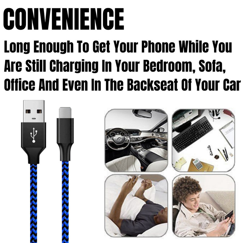3X 10FT Braided USB Charger Phone Cable Data Cord For iPhone 14 13 12 11 XR iPad gallery