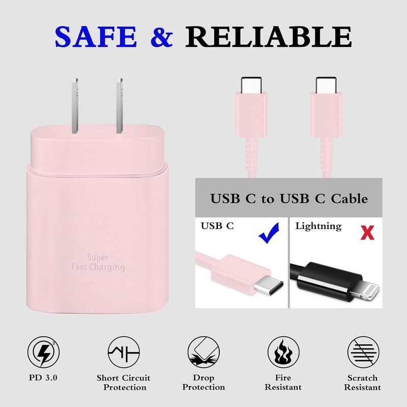 High-Speed 2-Pack 25W Type C Fast Charger with 6ft Cables - Stylish Pink Color gallery