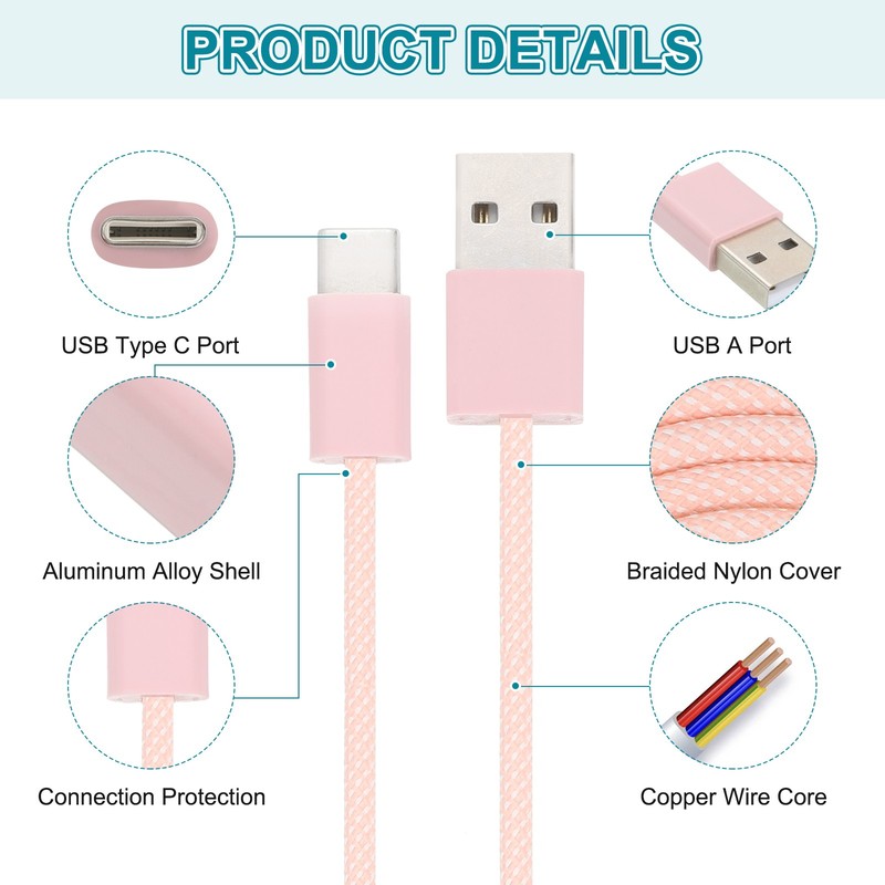 6.56ft USB Type C Charger Cable 2A Type-C to USB A Charging Data Cord Pink gallery