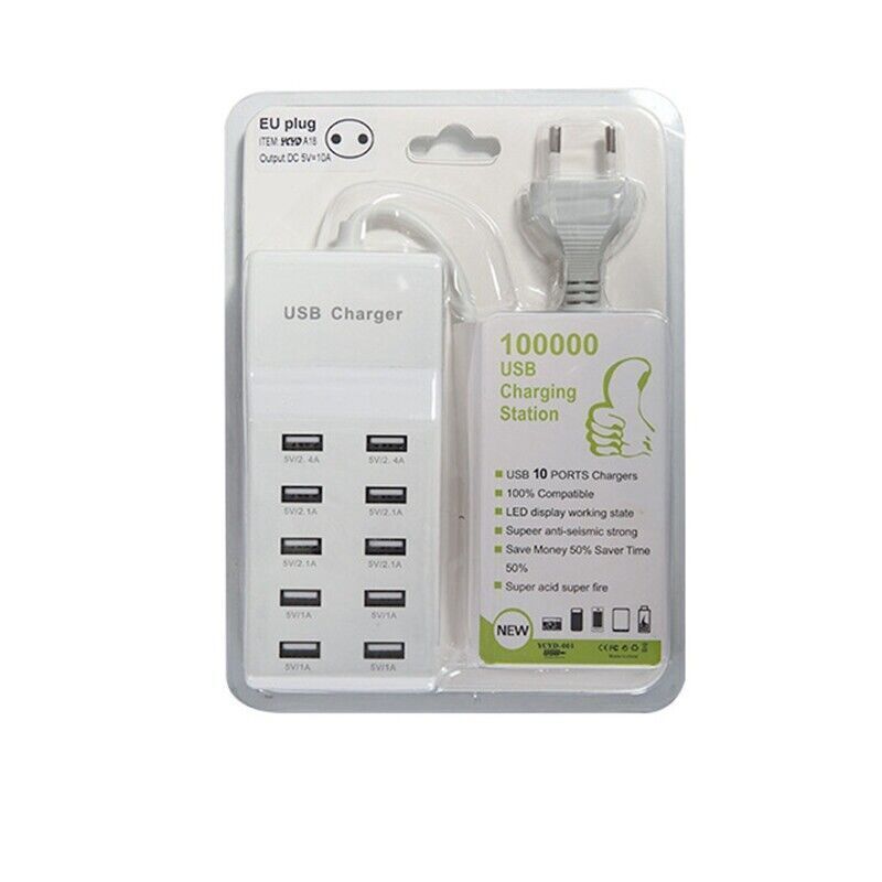 Wall 10 Adapter Plug Tablets 10 Dual Phones Mains USB Port Pin Charger gallery