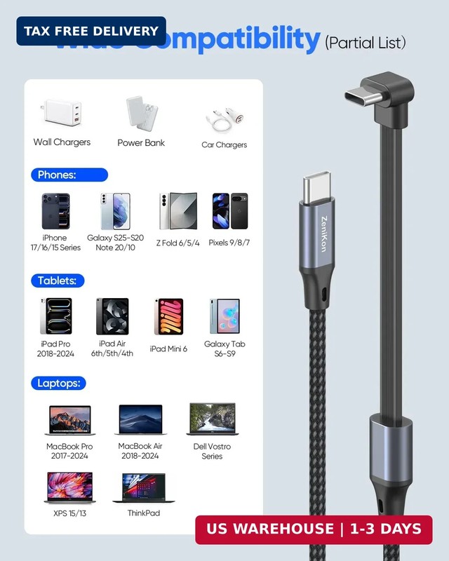 90 Degree USB C Cable 1FT, Right Angle USB C Cable Flat 60W Fast Charging Nyl... gallery