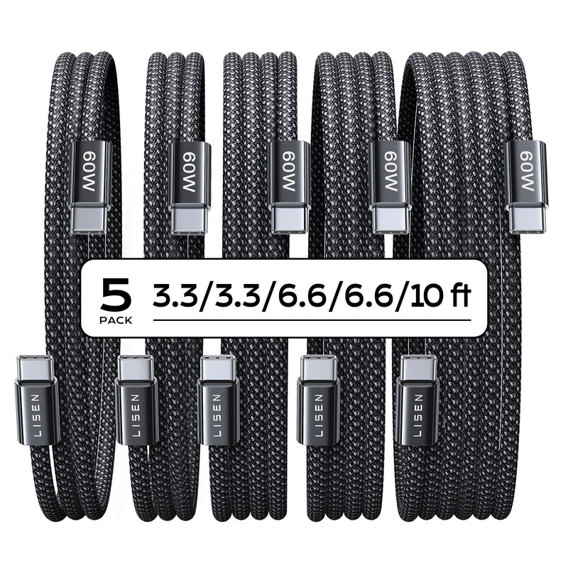 LISEN USB C to C Cable, 5-Pack 3.3+3.3+6.6+6.6+10FT, Black