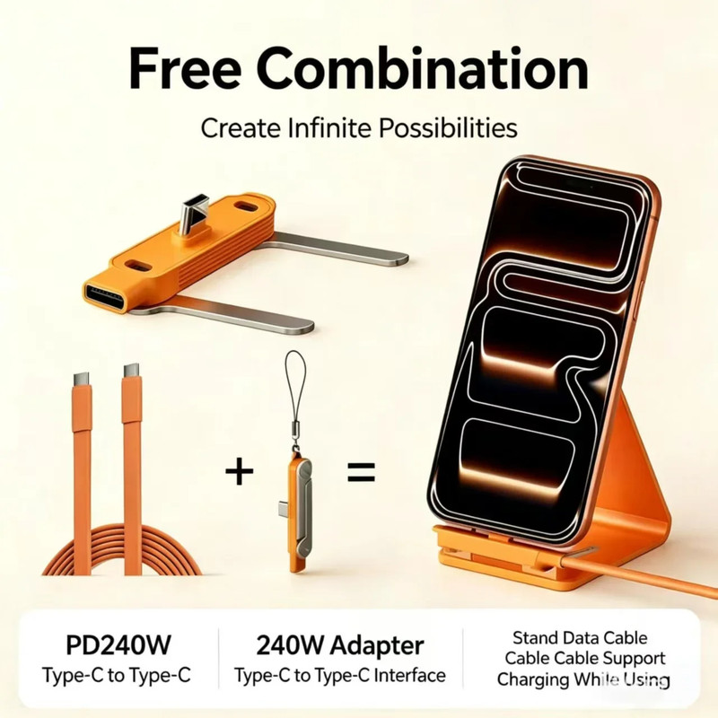 240W 2-In-1 USB C to Type C Fast Charging Foldable Bracket Datacable for Iphone gallery