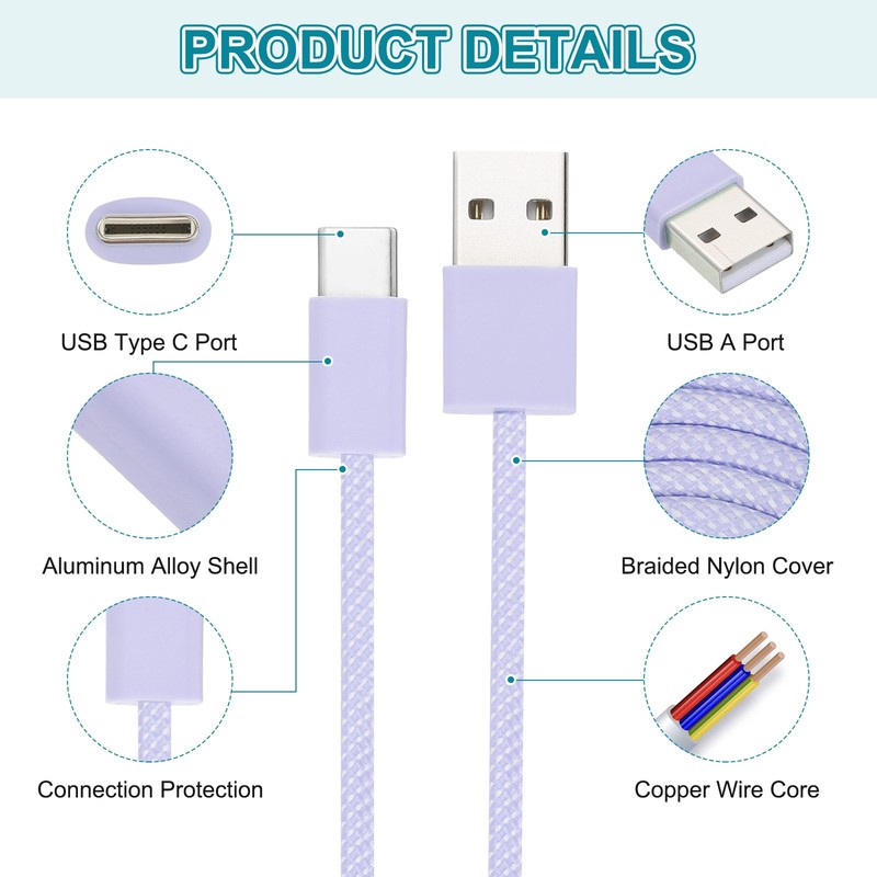 3.28ft USB Type C Charger Cable, 2A Type-C to USB A Charging Data Cord Purple gallery