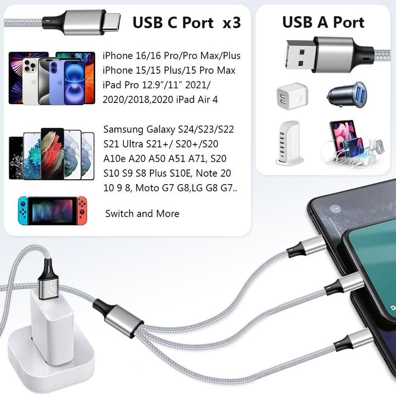 2 PCS 4FT 3 In 1 Multi Fast Charging Cable USBC Splitter 3 TypeC Port Silver gallery