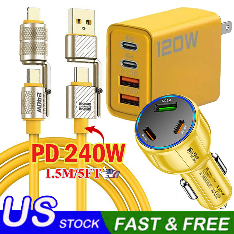 120W 4-Port USB C Fast Wall Charger Block ,PD 5FT Cable For All Cell Phone iPad