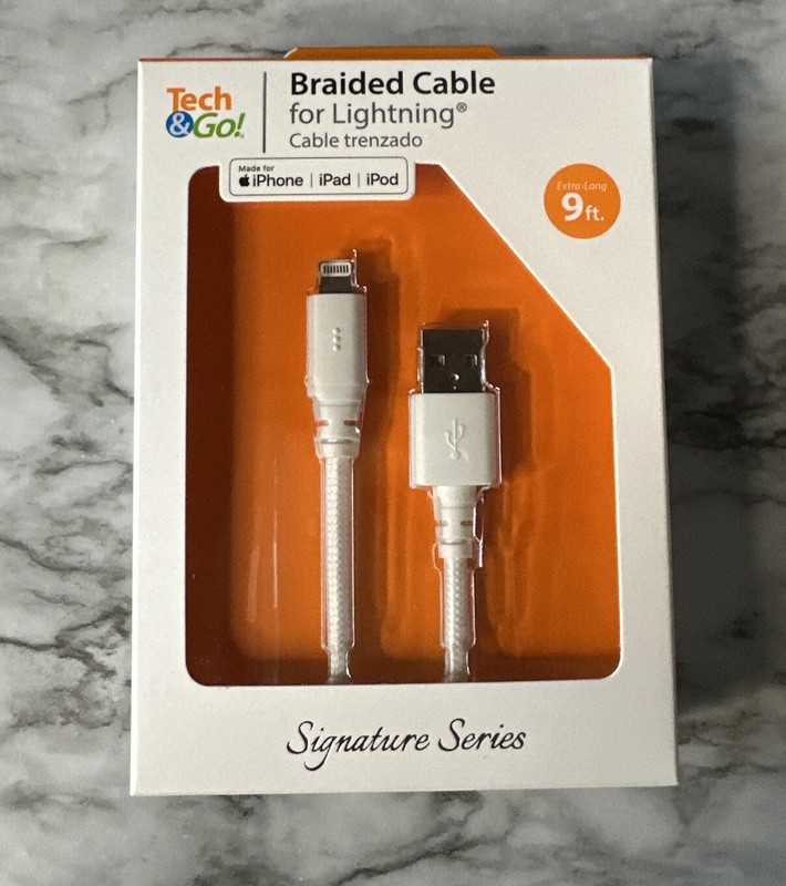 Tech & Go 9ft USB Braided Charge Cable for iPhone iPad iPod – NEW SEALED – White