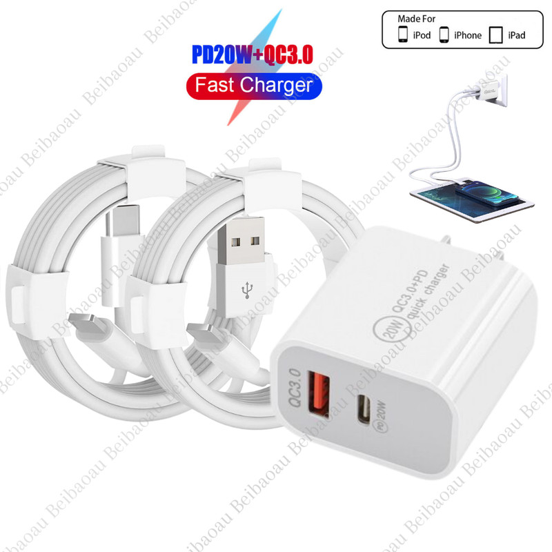 Dual Ports USB C+USB A Fast Charger Adapter For iPhone 14 13 12 11 8 6 Cable Lot