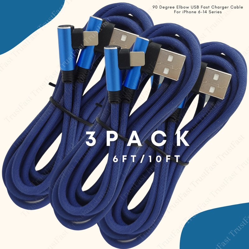 3x 90 Degree Elbow For iPhone 14 13 12 11 8 6 X USB Fast Charger Cable Data Cord