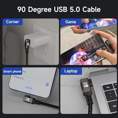 10FT Right Angle USB C Cable, 240W Fast Charging, 16K/8K Video Output, 80Gbps Da gallery