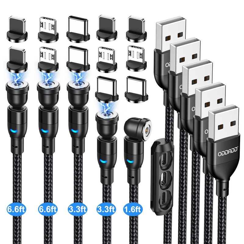 ODDADD Magnetic Charging Cable 5-Pack 1.6 feet, 3.3 6.6 Black