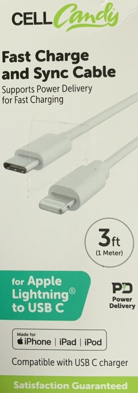 Cell Candy-Fast Charge & Sync Cable – Apple Fast Charge to USB-C – 3 FT- White
