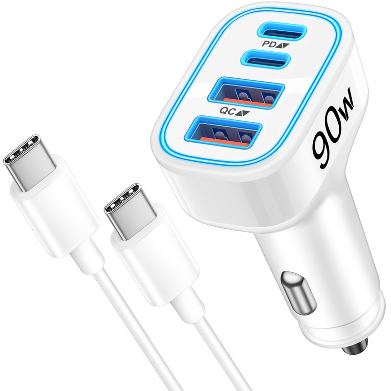 iPhone 17 16 15 Car Charger, 90W 4-Port Fast USB C Charger 1-Pack, White