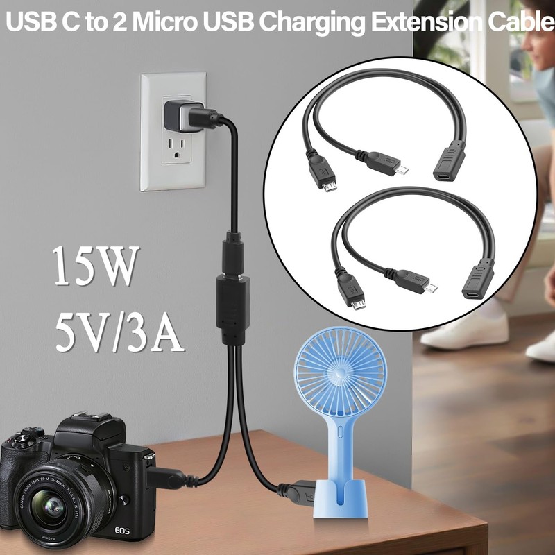 USB to 2 Micro USB 1 in 2 Splitter Charging Short Cable 5V3A USB Female to Du... gallery