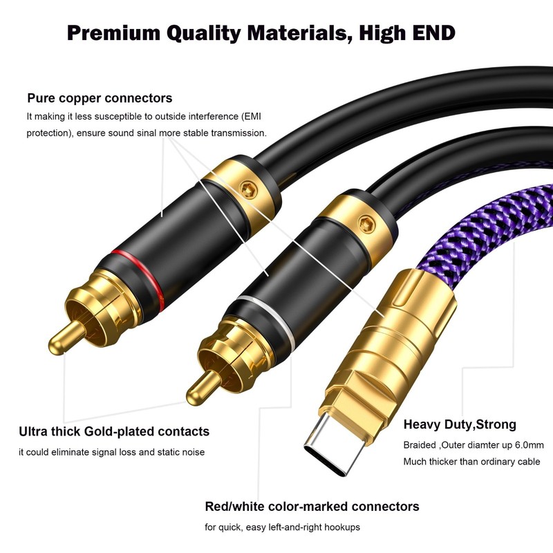 USB C to RCA Audio Cable 3m, Type C to 2 RCA Y Splitter for Home Theater, Car St gallery