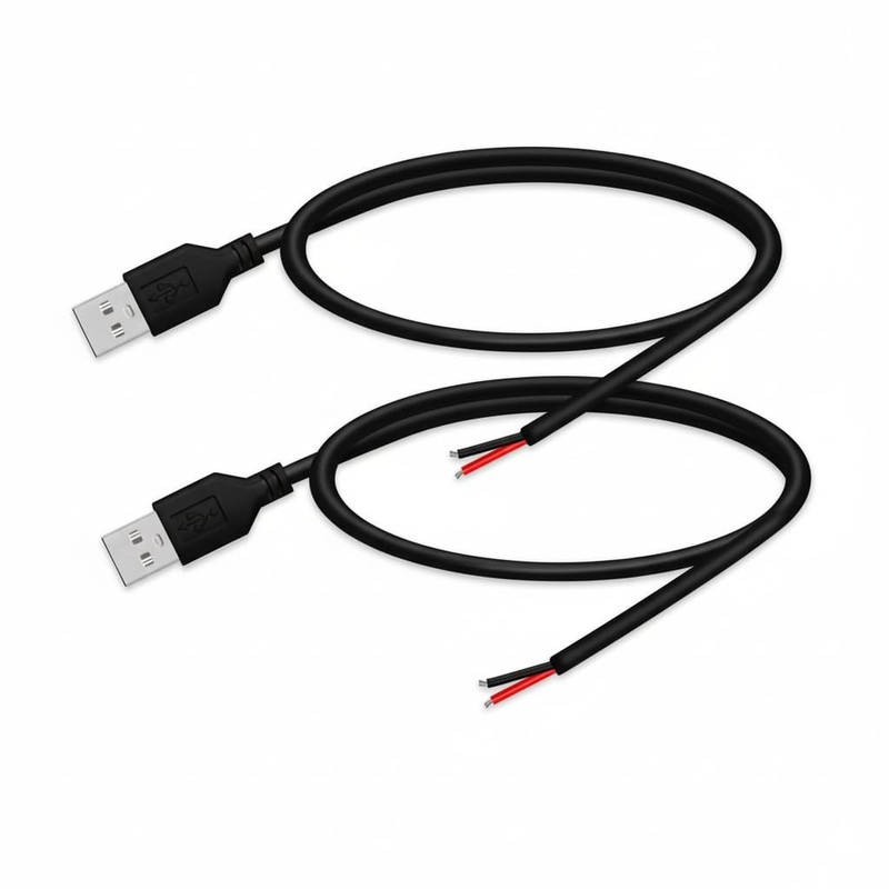 2 PCS 24AWG USB 2.0 Male 2 Pin Bare Wire Pigtail Cable 5V 2A 1.64FT Black