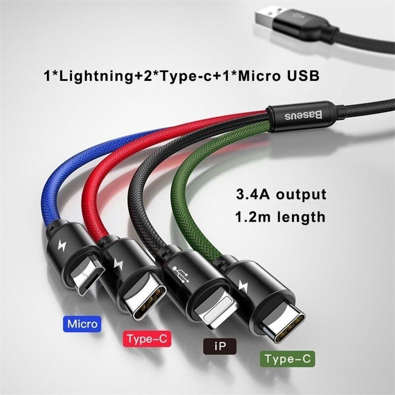 USAMS Multi Charging Cable 2Pack 4FT 4 in 1 Two Type-C Port 4FT, Multicolored gallery