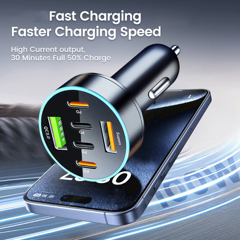 65W Multi-port Type-C PD Fast Car Charger, 4FT 4-in-1 Cable For All Cell Phone gallery