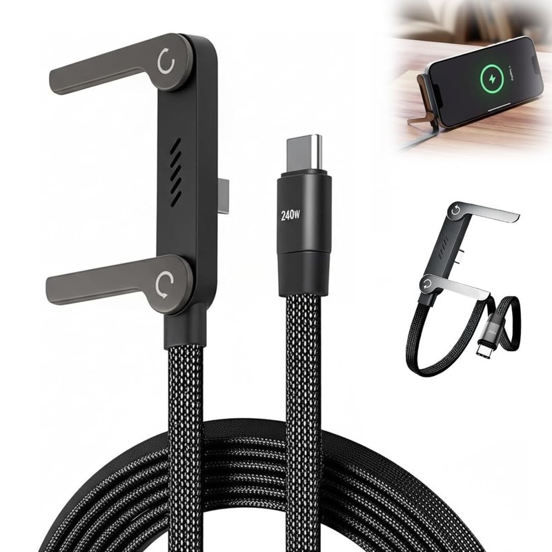 2-in-1 Invisible Stand USB C Cable 240W, Flat Type C Fast Charging Cord 5FT, ...