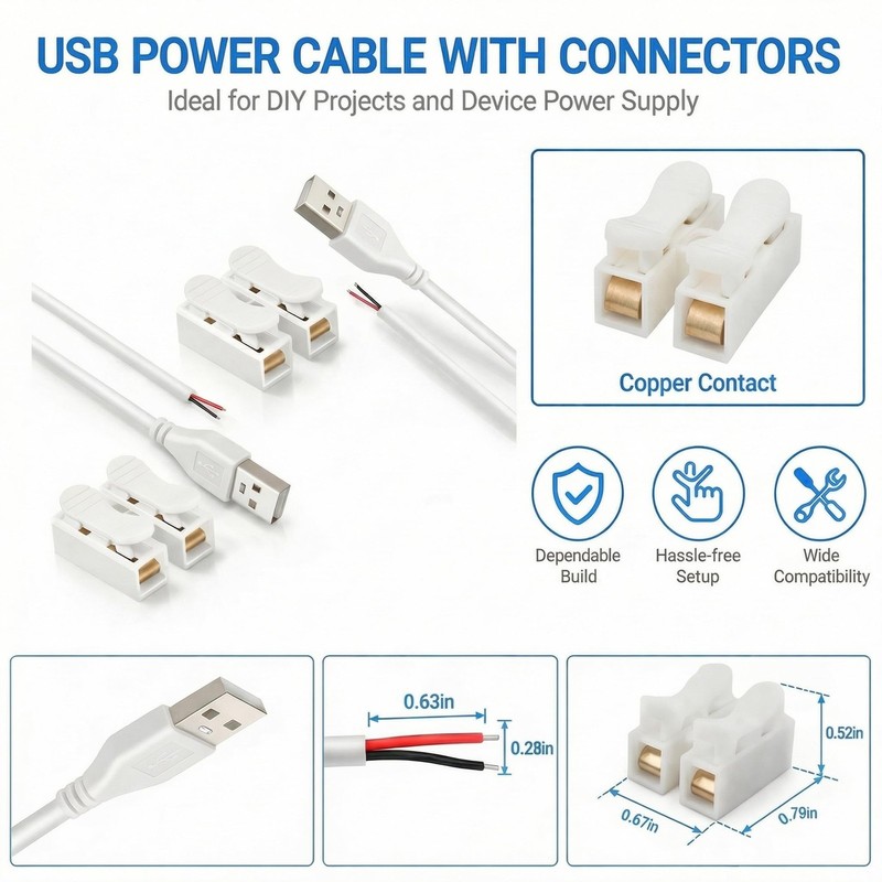 3.28ft White USB Pigtail Cable 5-Pack with Wire Connectors gallery