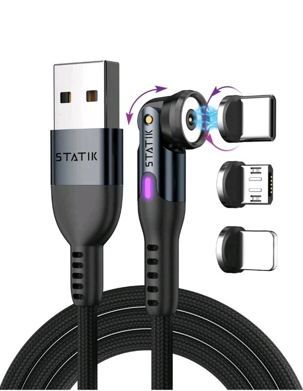 Statik 360 Rot. Universal Magnetic Charging Cable 6ft/1.8m with 3 Magnetic Tips
