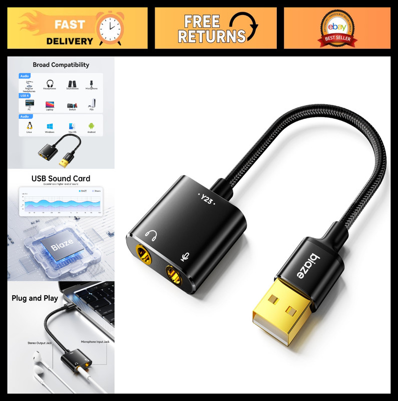 USB to 3.5mm Audio Adapter Sound Card for Headphones & Mic – PC, PS4, PS5, MAC