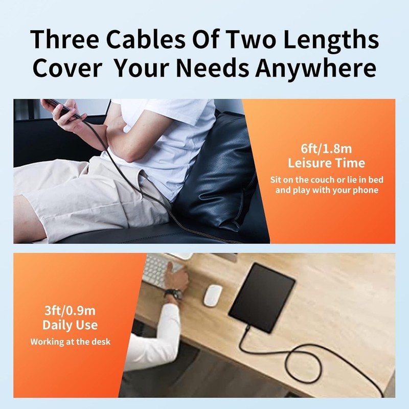 USB-C Cable 3-Pack (3ft/6ft/6ft), USB A to USB-C Fast Charging Cord, Nylon Braid gallery