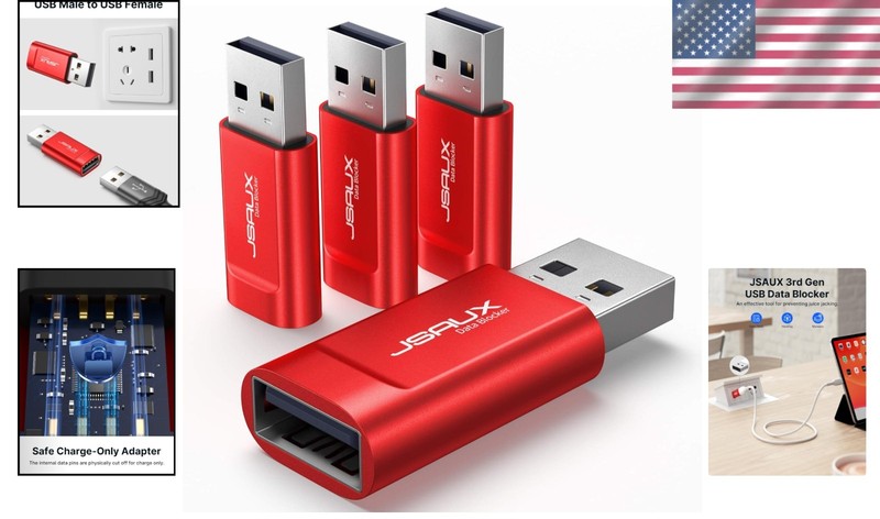 Compact USB Data Blocker for Safe Charging - 2.4A Quick Charge - Red 4-Pack gallery
