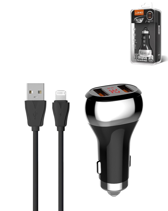 LDNIO C2 Dual USB-A Car Charger with USB A-L Non-MFI Charging Cable (3ft) (36W)