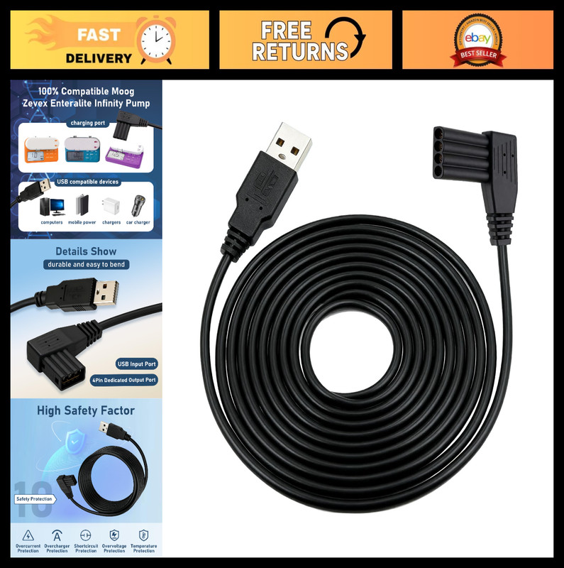 USB Power Charging Cable for Enteralite Infinity Pump – 118″ Long, Black Power C