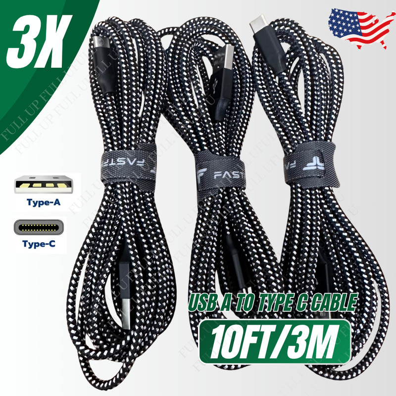 3-Pack 10FT Braided USB C Fast Charging Type-C Data SYNC Charger Cable Cord Lot