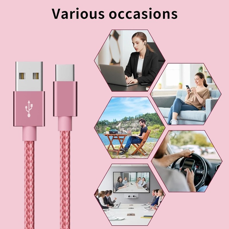 5-Pack Nylon Braided USB C Cable Set - Fast Charging & Data Transfer, 3-10FT gallery