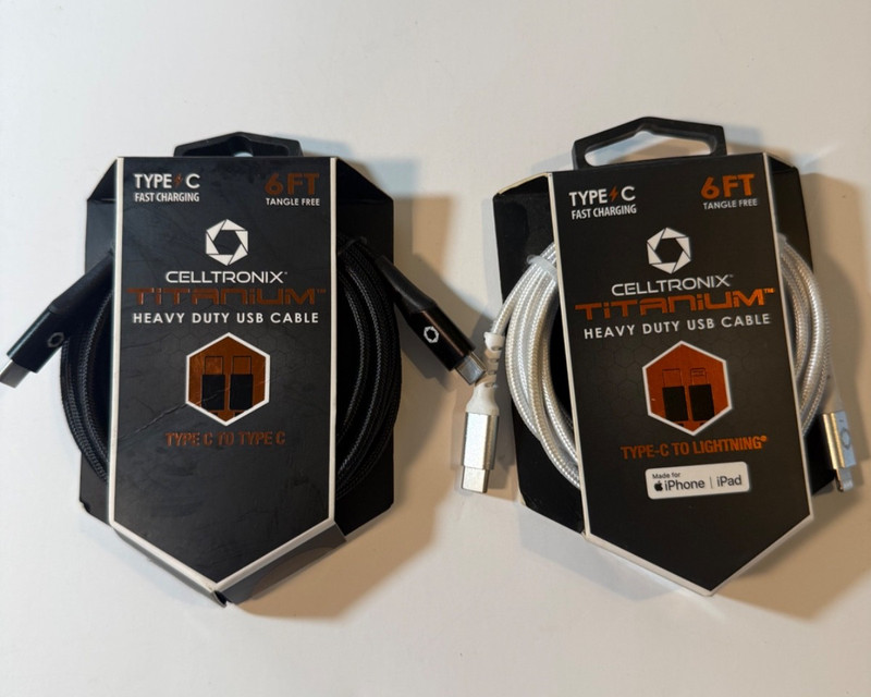 Celltronix 6 ft Titanium USB-C to iPhone Fast Charging Cable 1-white/1-black