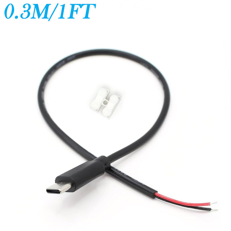 1x 0.3M/1FT USB-C Male Pigtail – 22AWG 5V/3A to 2-Pin Bare Wire DIY Repair Cable