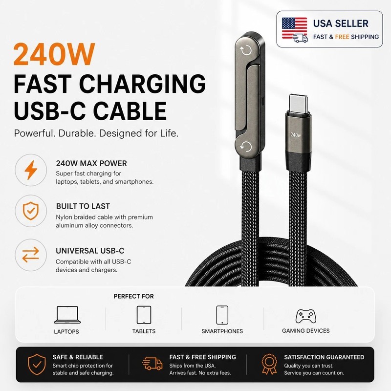 2-in-1 Invisible Holder Charger Cable–240W Fast Charging Cord with Phone Stand