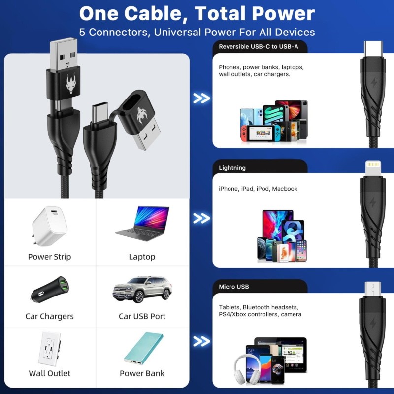 Travel Ready 5-in-1 Universal Cell Phone Charge Cable 10 Ft for iPhone, Android