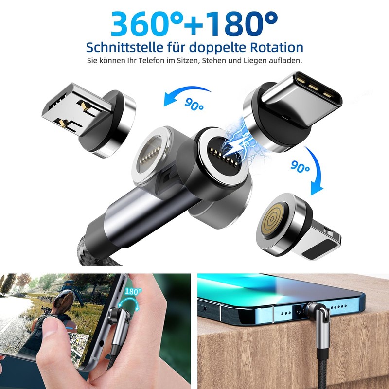 540° Rotation Magnetic Charging Cable, 3 in 1 Phone 10 feet, Black gallery