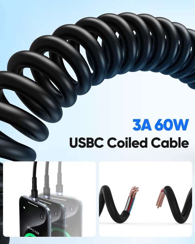 USB C to USB C Coiled Cable for Car, Coiled Type C Cable 60W Fast Charging & ... gallery