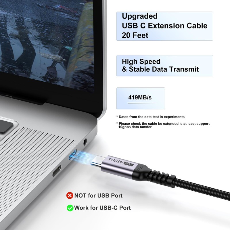 20ft USB-C Extension Cable, M-F, 100W, 4K@60Hz, 5Gbps, Braided, Extender gallery