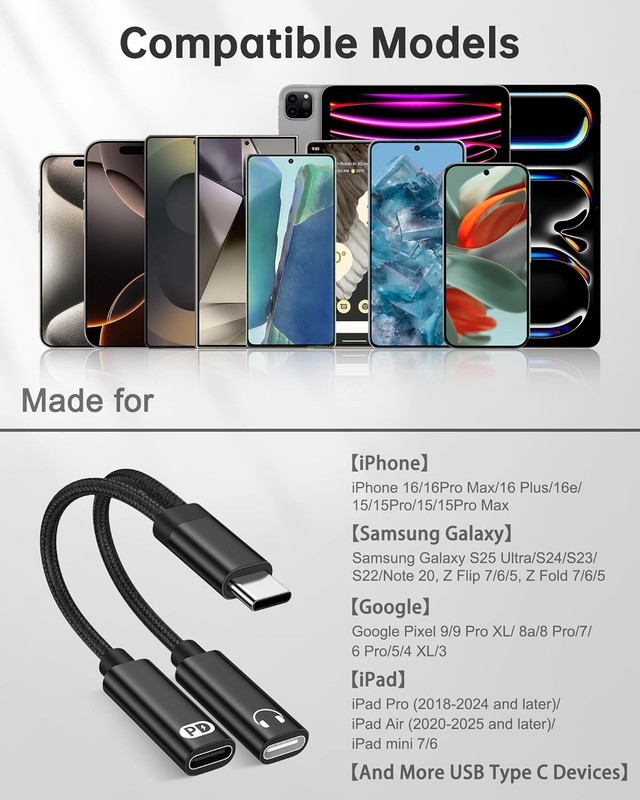 USB C Splitter 2 in 1 Headphone Audio & 60W PD Charger Adapter Dongle Black gallery