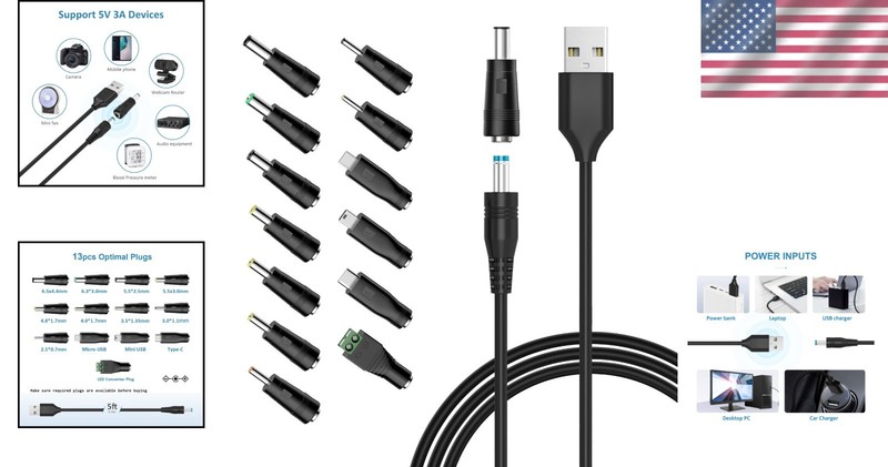 5ft USB to DC Power Cord with 13 Connectors - Compatible with Multiple Devices gallery
