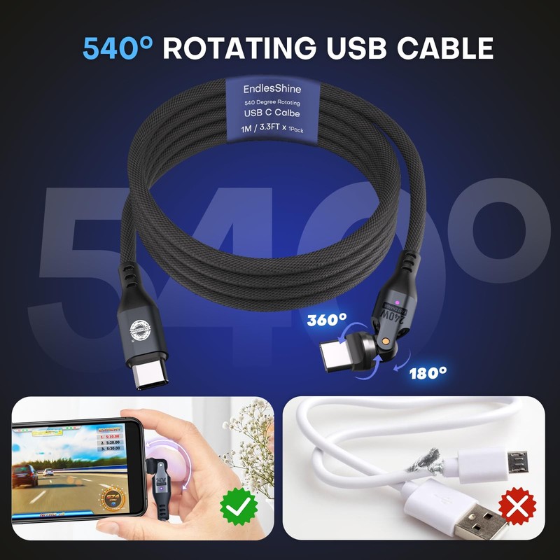 Black 6 Ft 240W PD Type C To Type C Fast Charging USB 2.0 Data Cable 360 Spin gallery