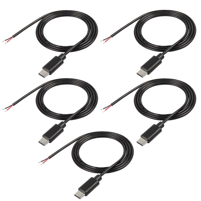 USB-C Pigtail Cable 5-Pack 3.2ft 22AWG 5V 3A 2-Pin Bare Wire for DIY Projects