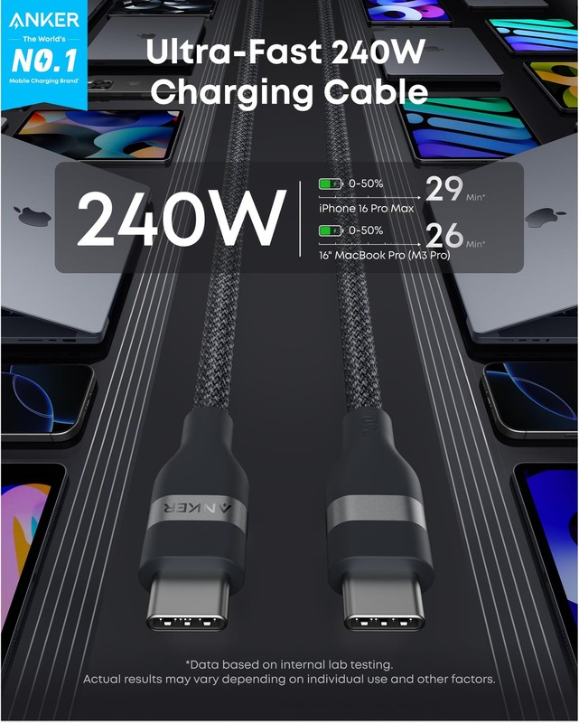 Anker Nano USB C Cable, 240W Flexible Multi-Color Braided Cord, 6ft, Black gallery
