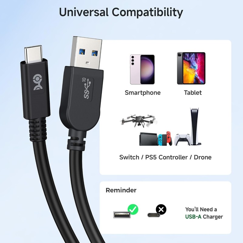USB-IF Certified 10Gbps Gen 2 USBA to USB C Cable – 3.3 ft, USBC to USBA Cable