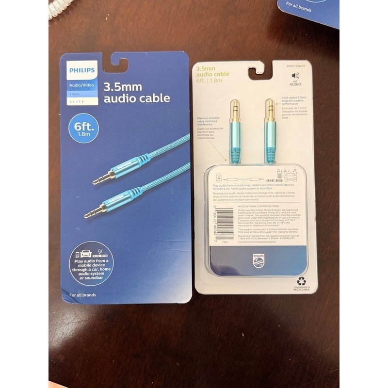 2pk Philips 3.5mm Audio Cable Universal 6ft Blue Elite HD Audio Aux Cord NWT