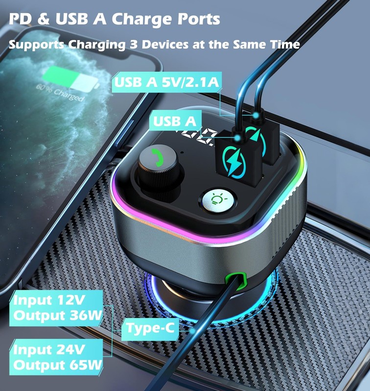 Bluetooth 5.4 FM Transmitter for Car, 36W(12V)-65W(24V) Type C Retractable Co... gallery