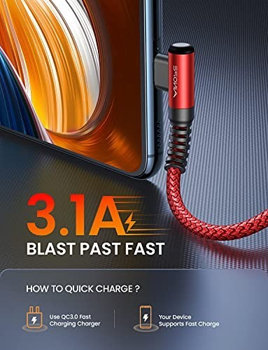 Fast Charging USB Type C Cable 3.1A (2-Pack, 10ft) Right Angle Nylon Braided Red gallery